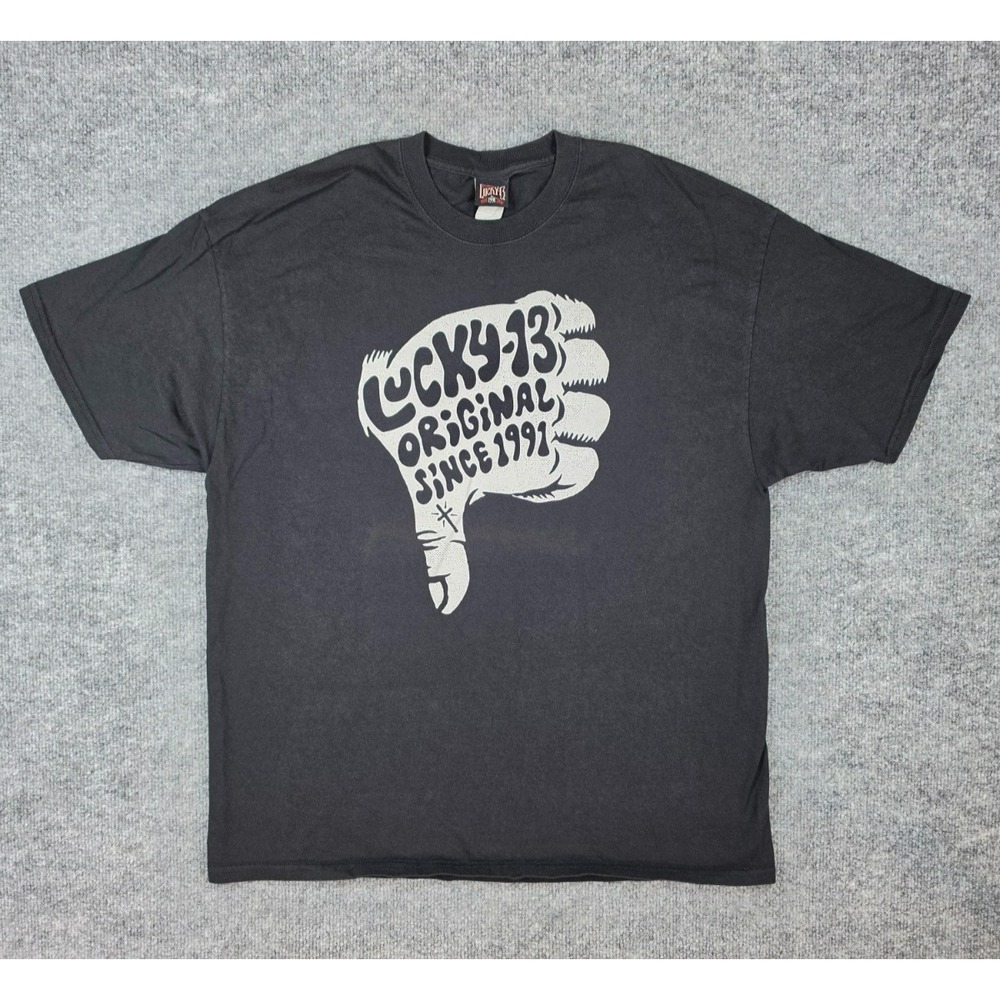 Vintage Lucky 13 Thumbs Down Graphic Print T-shirt Men's XL Black Biker Tattoo